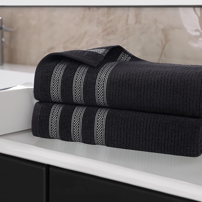 Superior Cotton Bath Sheet Set, Zero Twist, Ribbed Geometric, Oversized Large Absorbent Body Towels, Luxury Soft Dry, Shower, Spa, Hotel, Pool, Guest Bathroom, Home Essentials, Set of 2, Black