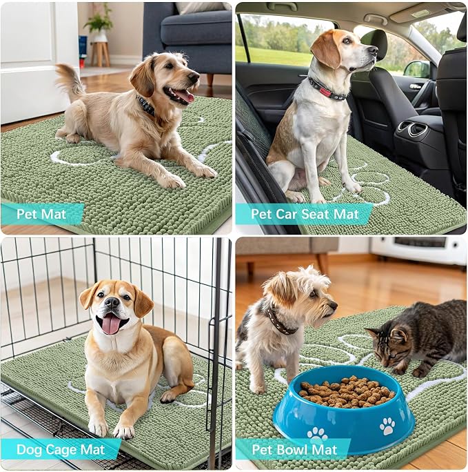 OLANLY Dog Door Mat for Muddy Paws 59x20, Paw Print Design, Absorbs Moisture and Dirt, Non-Slip Washable Doormat, Quick Dry Chenille Mud Mat for Dogs, Entry Indoor Entryway Carpet, Sage Green