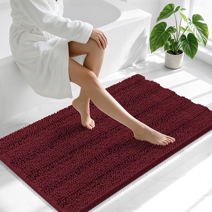 Smiry Thick Chenille Bathroom Runner Rugs 44x24, Absorbent Striped Bath Mat, Machine Washable, Rubber Backing, Long Bath Rugs for Bathroom, Tub & Shower, Home Decor Accessories, Andorra Red-Brown