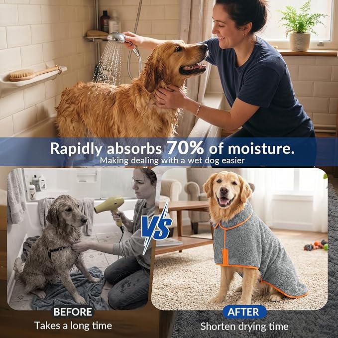 Bienbee Dog Bathrobe, Quick Drying Super Absorbent Pet Robes for Small Medium Large Dogs, Drying Coat for After Bath & Swim, Warm & Cozy Dogs Towels, Dog Puppy Bath Supplies, Gray M