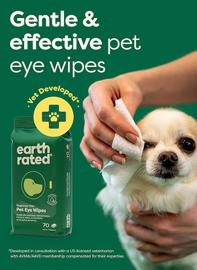 earth rated Vet-Developed Dog Eye Wipes, Hypoallergenic Pet Wipes for Dogs & Cats to Remove Dirt & Discharge, Fragrance Free, 70 Count