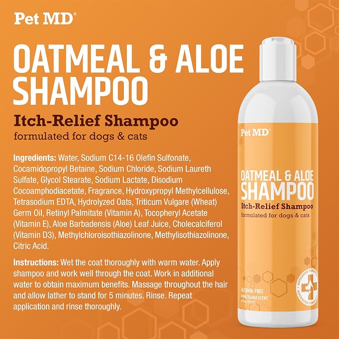 Pet MD - Oatmeal Dog Shampoo Cats and Dogs for Itch Relief and Moisturizer for Dry Skin and Coat - 16 Oz