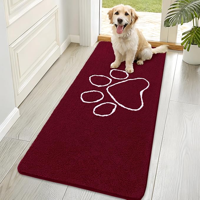 OLANLY Dog Door Mat for Muddy Paws 70x35, Paw Print Design, Absorbs Moisture and Dirt, Absorbent Non-Slip Washable Doormat, Quick Dry Chenille Mud Mat for Dogs, Entry Indoor Entryway Carpet, Burgundy