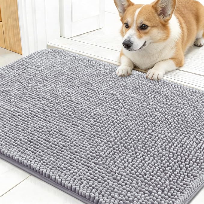 OLANLY Dog Door Mat for Muddy Paws 30x17, Absorbs Moisture and Dirt, Absorbent Non-Slip Washable Doormat, Quick Dry Chenille Mud Mat for Dogs, Entry Indoor Entryway Carpet for Inside Floor, Light Grey
