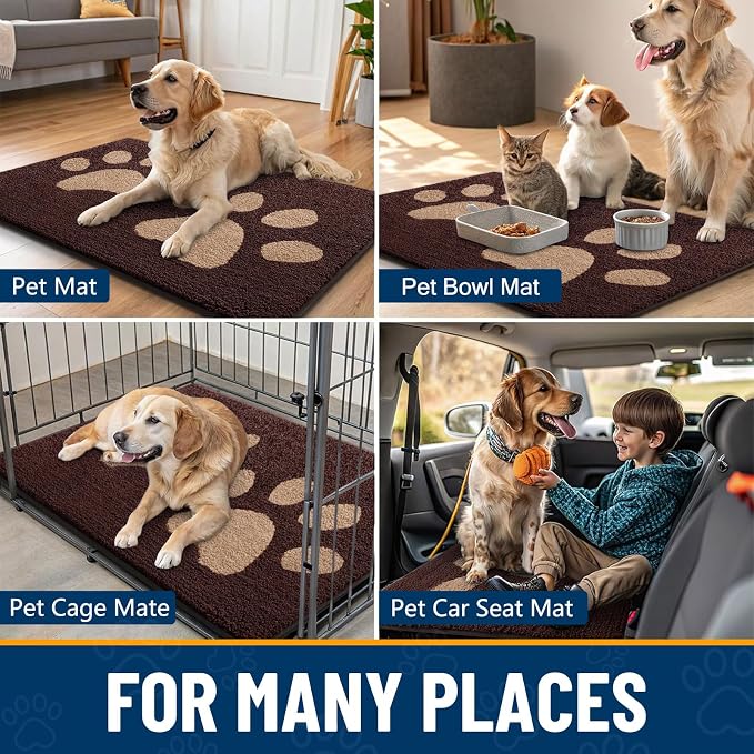 Smiry Dog Door Mat for Muddy Paws, Absorbs Moisture and Dirt, Low-Profile Entryway Mat with Non-Slip Backing, Entry Indoor Outdoor Doormat for Inside Floor (59x24 Inches, Brown, Paw