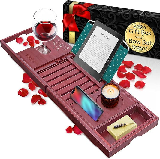 SereneLife Premium Bathtub Tray Caddy with Gift Box and Bow Set, Expandable Bath Tray, Unique House Warming Gifts for Mom, Women, Wedding, Anniversary, Bridal Shower, Fit for All Tub - Stain Brown