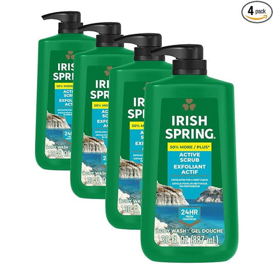Irish Spring Active Scrub Exfoliating Body Wash for Men, 24-Hour Fresh, Biodegradable Ingredients, Paraben Free, Cool Fresh Scent, 30 fl oz Pump Bottle (Pack of 4)