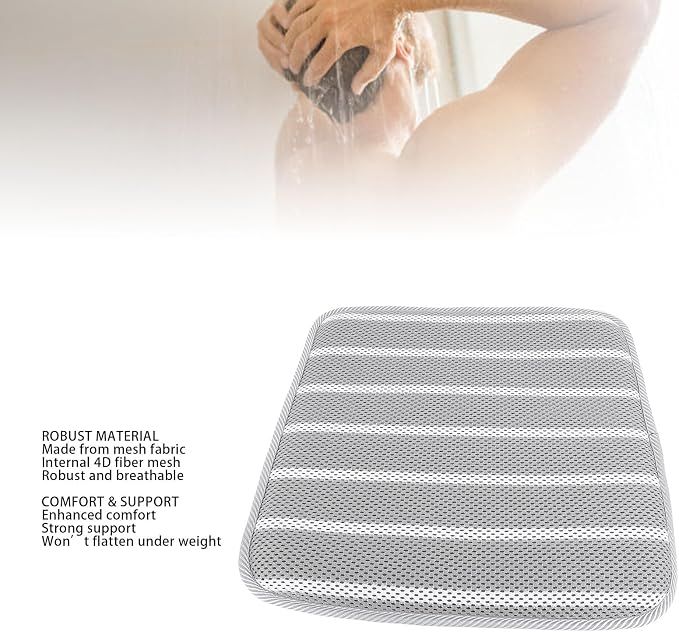 Shower Seat Cushion, Bathtub Cushion for Transfer Benches, Soft 4D Mesh Fabric Breathable Shower Chair Pad Gray White Striped for Shower Benches Sitting