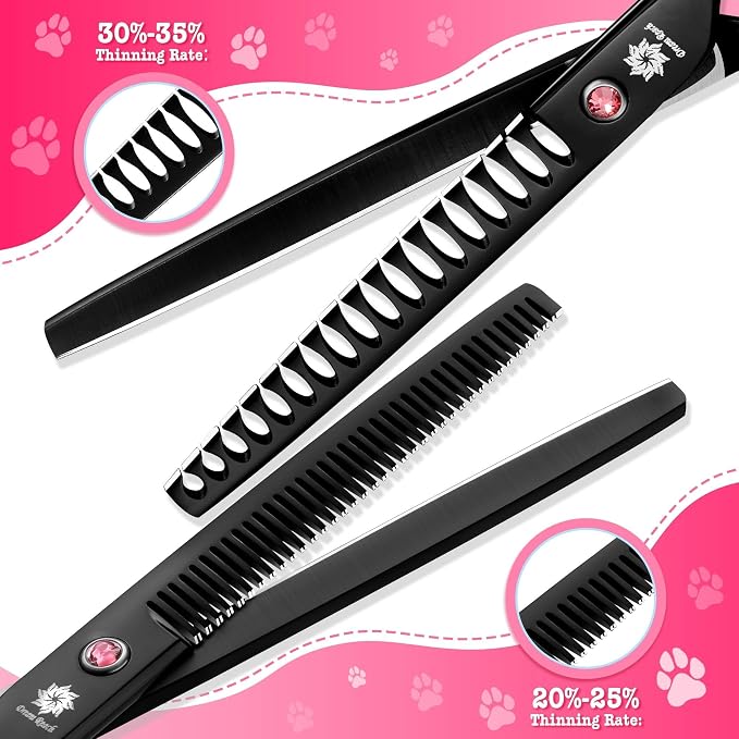 Dream Reach Dog Grooming Scissors - 7" Professional 6 in 1 Sharp Dog Shears Set Thinning, Chunker, Straight, Curved Shears and Comb for Dog Cat Pet, Pink