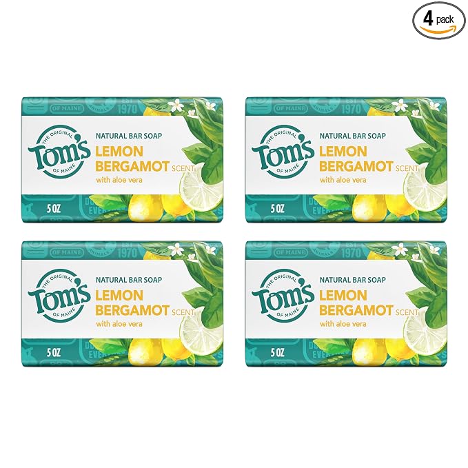 Tom’s of Maine Lemon Bergamot Natural Bar Soap with Aloe Vera, Dermatologically Tested, Paraben Free, Vegan, 5 oz, 4 pack