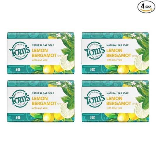 Tom’s of Maine Lemon Bergamot Natural Bar Soap with Aloe Vera, Dermatologically Tested, Paraben Free, Vegan, 5 oz, 4 pack
