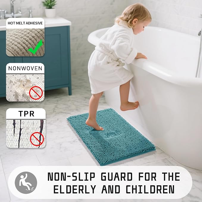 Yimobra Long Bathroom Rugs 47"x24", Extra Soft Non Slip Bath Mat for Tub, Super Absorbent Quick Dry Shaggy Rug Floor Carpet, Machine Washable,Teal Blue