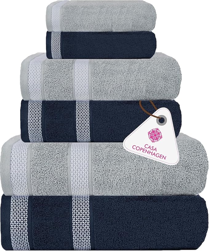 CASA COPENHAGEN Solitaire 6Pcs 100% Egyptian Cotton Large Designer Towels Gift Set- Grey Violet - Navy, 600GSM, 2Bath 2Hand 2Washcloths, Bath Towels for Bathroom Set for Women & Men
