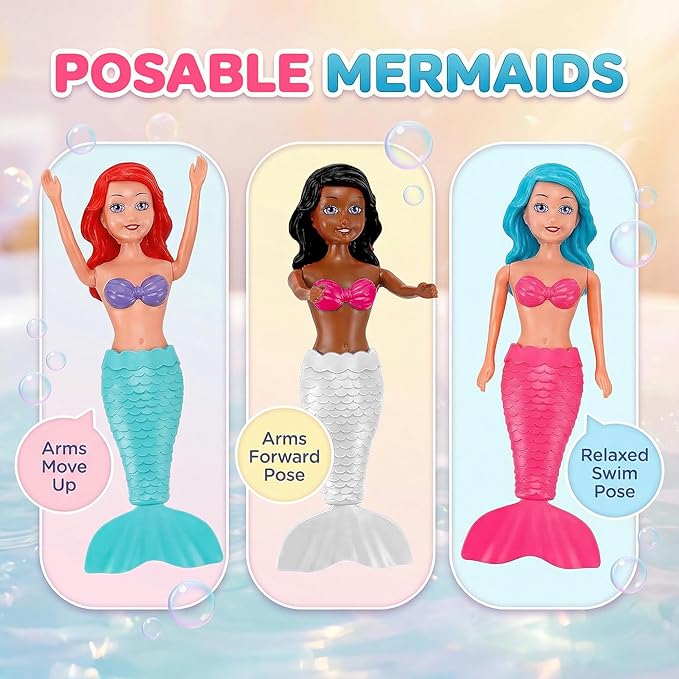 Mermaid Bath Toys for Toddlers Kids Girls - Princess Wind Up Tail Flap Floating Water Bathtub Toys, Swimming Pool Bathing Time Fun (4 Pack)