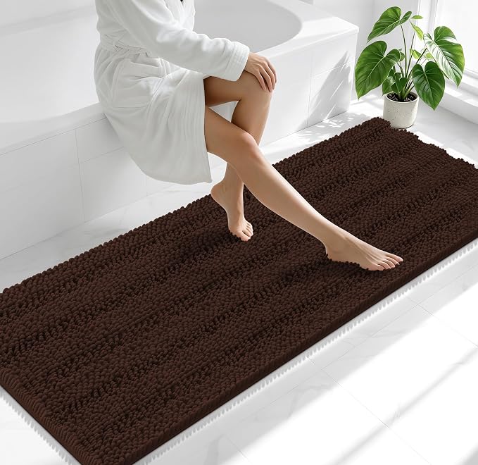 Smiry Thick Chenille Bathroom Runner Rugs 70x24, Absorbent Striped Bath Mat, Machine Washable, Rubber Backing, Extra Long Bath Rugs for Tub & Shower, Modern Home Decor Accessories, Brown