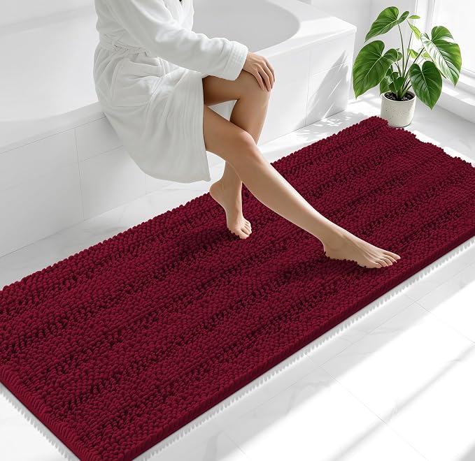 Smiry Thick Chenille Bathroom Runner Rugs 70x24, Absorbent Striped Bath Mat, Machine Washable, Rubber Backing, Extra Long Bath Rugs for Tub & Shower, Modern Home Decor Accessories, Burgundy