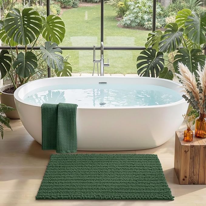 DEXI Bathroom Rugs 43x24, Super Soft Thick Chenille Absorbent Bath Mat, Non Slip Machine Washable Fluffy Shag Bathmat for Tub, Shower Floor, Green