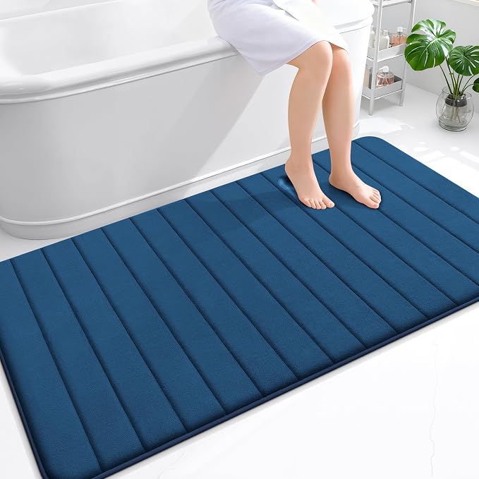 OLANLY Memory Foam Bath Mat 59x35, Super Soft Absorbent Bathroom Rugs, Quick Dry, Machine Washable Shower Floor Rugs, Bathmat Carpet, Bathroom Home Decor Accessories, Navy Blue