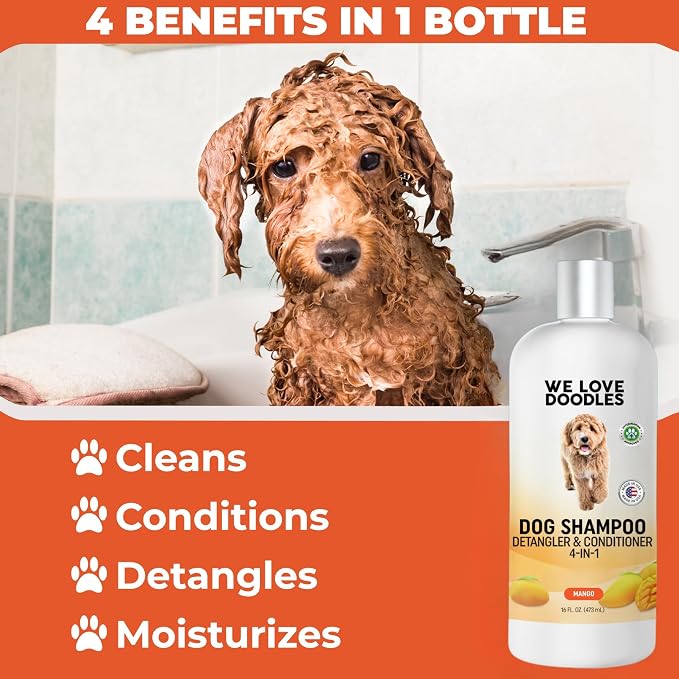 We Love Doodles Dog Shampoo, Conditioner, & Detangler - Shampoo for Dogs, Goldendoodles, Poodles & Doodles, for Matted Pet Hair & Sensitive Skin, Made in The USA, Mango, 16 oz