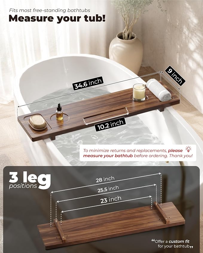 Acacia Wood Bathtub Caddy Tray for Tub, 34.6" Adjustable Bath Tray with Tablet Slot, Wine Glass Holder, Anti-Tip Legs, Spa Bath Table for Relaxing Bath Time