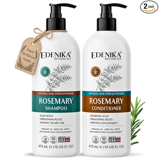 Edenika Botanicals Rosemary Oil Shampoo & Conditioner Set with Biotin & Spirulina for Thinning Hair, Anti-Hair Loss & Strengthening Botanical Formula, Women & Men, Sulfate-Free