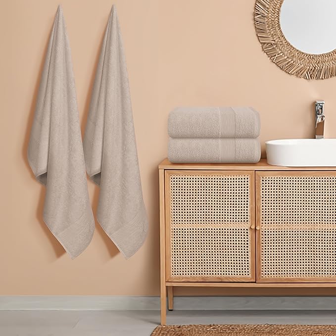Belizzi Home 4 Pack Bath Towel Set 27x54, 100% Ring Spun Cotton, Ultra Soft Highly Absorbent Machine Washable Hotel Spa Quality Bath Towels for Bathroom, 4 Bath Towels - Tan