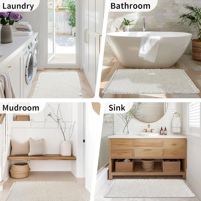 White Bathroom Rugs, Waffle Bath Mat Non Slip Washable, Super Absorbent & Quick Dry, Boho Bath Mat Farmhouse Bathroom Decor, 20'' x 48'', White