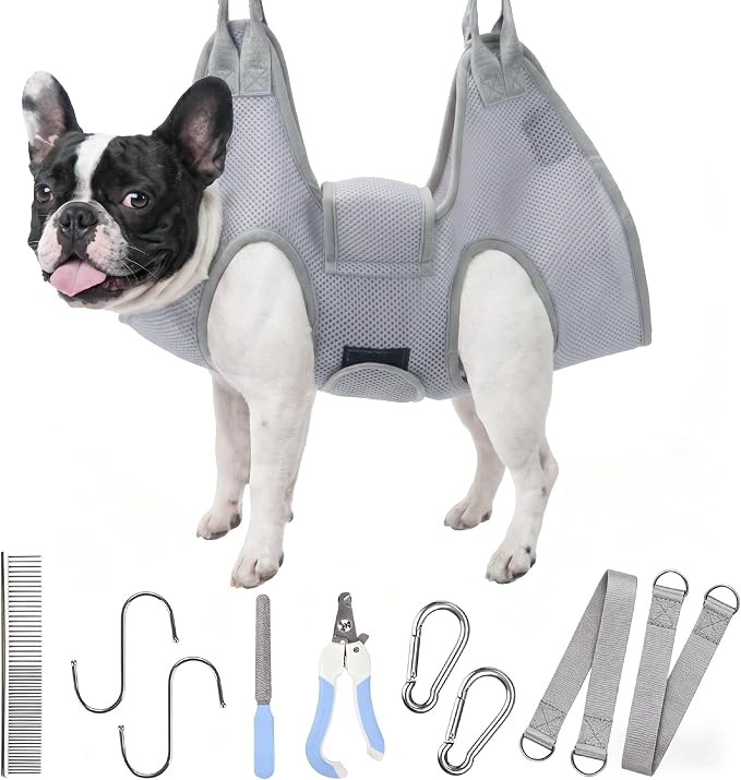 PatiencET Dog Grooming Hammock for Small Dogs Pet Hammock for Nail Trimming Dog Sling for Nail Clipping Dog Hanging Harness (Gray S)
