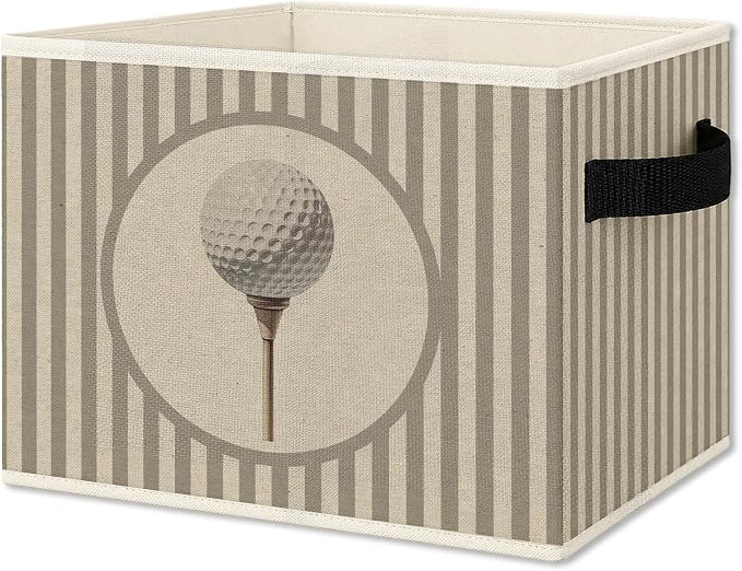 Vintage Golf Storage Bins Box with Handles, Golfing Sports Decor for Boys, Sage Striped Classic Golf Ball Aesthetic Collapsible Organizer Basket for Nursery Room Bedroom Playroom Toys Books