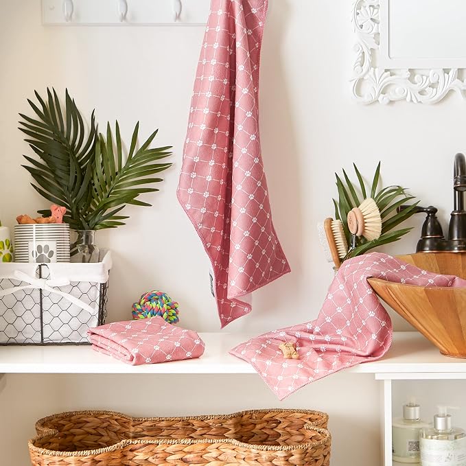 Bone Dry Pet Grooming Towel Collection Trellis Print, Microfiber Absorbent Drying Set, 15x30, Rose, 3 Count