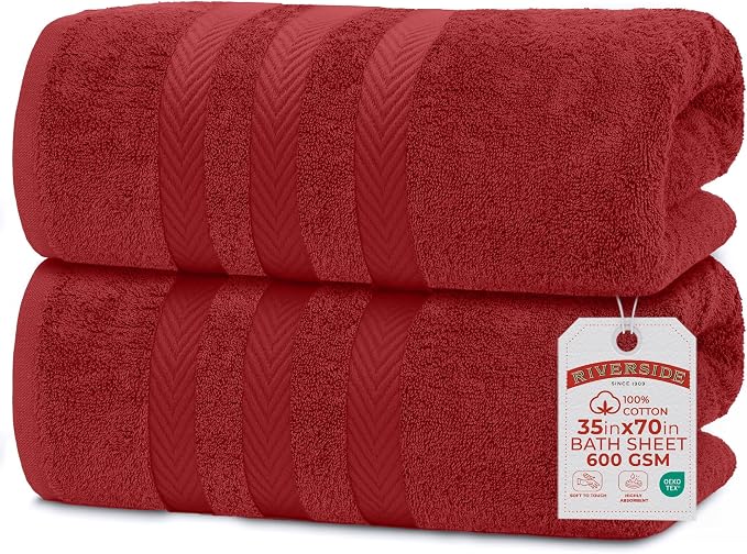 RIVERSIDE Pack of 2 Extra Large Bath Sheets 35 x 70 Inches, 100% Ring Spun Cotton, Hotel Quality, Oversized Bath Towels for Adults, Soft, Highly Absorbent & Quicker to Dry, Red