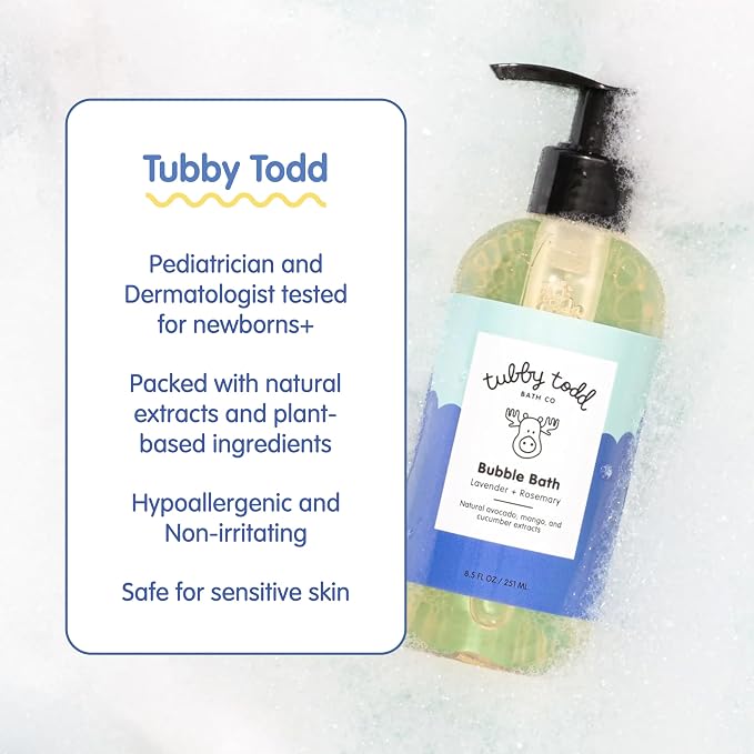 TUBBY TODD Bubble Bath for Kids, Toddlers & Babies - Hypoallergenic, Non-Irritating Sensitive Skin Bubble Bath - 2 Pack, 25 fl oz & 8 fl oz - Fragrance Free