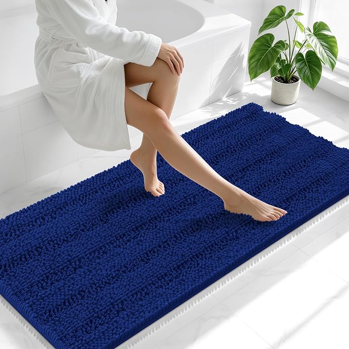Smiry Thick Chenille Bathroom Runner Rugs 59x24, Absorbent Striped Bath Mat, Machine Washable, Rubber Backing, Extra Long Bath Rugs for Tub & Shower, Modern Home Decor Accessories, Navy