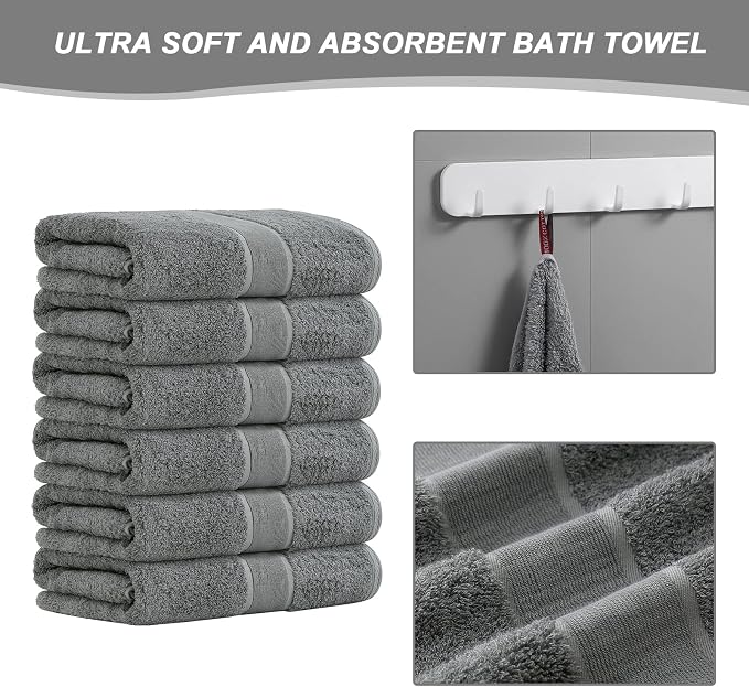 Aibaser Viscose from Bamboo and Cotton Bath Towels Set of 6-27x54 Inch Ultra Soft, Highly Absorbent Large Shower Towels for Bathroom, Spa & Gym (6 Piece Set) (Grey)