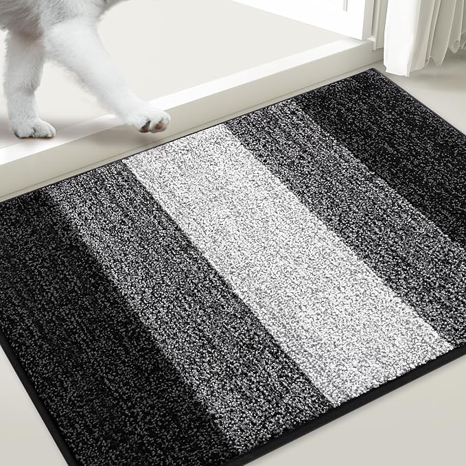 Smiry Dog Door Mat for Muddy Paws, Absorbs Moisture and Dirt, Low-Profile Entryway Mat with Non-Slip Backing, Entry Indoor Outdoor Doormat for Inside Floor (48x32 Inches, Black, Striped)