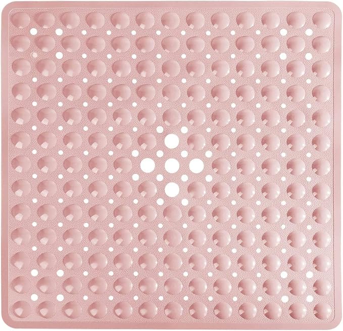 Yimobra Shower Stall Mat Non Slip, 21X21 Inch, Soft Square Bath Mat for Shower with Suction Cups and Drain Holes, Stall Floor Mats for Bathroom, Machine Washable, Bathroom Accessories, Pink