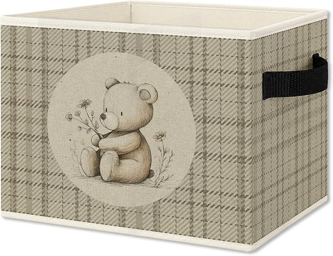 Bear Nursery Foldable Storage Bins Box with Handles, Neutral Gingham Wildflower Bear Collapsible Organizer Basket for Kids Boy Girl Nursery Room Bedroom Bathroom Clothes Toys Books