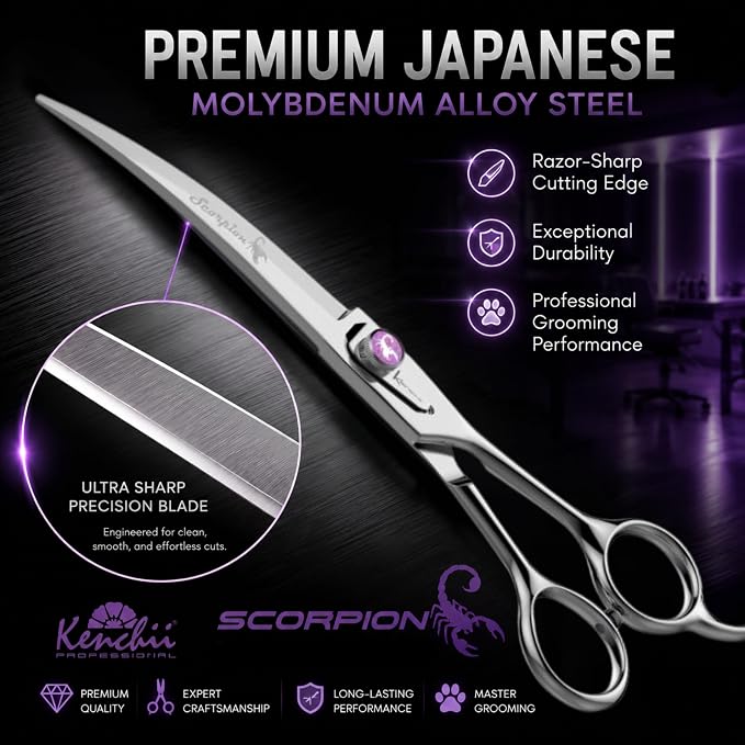 Kenchii Scorpion Dog Grooming Scissors, 7 Inch Curved Shears, Dog Scissors for Grooming, Professional Pet Grooming Scissors, Heavy Duty, Durable and Sharp