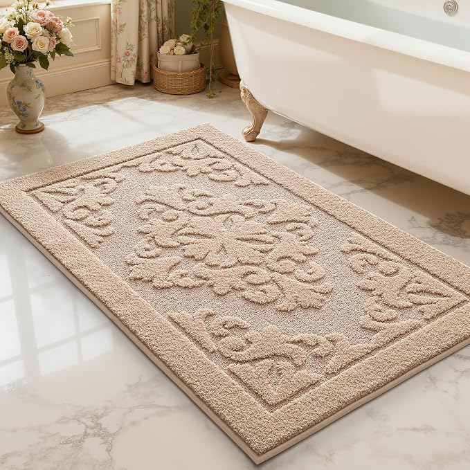 LUMI Ultra Absorbent Bathroom Rug Non Slip Rubber Backing, Machine Washable Bath Mat Soft Premium Microfiber, Elegant Floral Bath Rugs Quick Dry for Bathtub and Shower Floor, Decor, 24x43