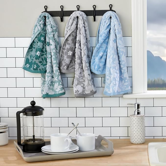SKL Home Floral Jacquard 100% Cotton 2pc Hand Towel Set, Reversible & Decorative for Bath/Kitchen/Bar & Gift, Moss Green
