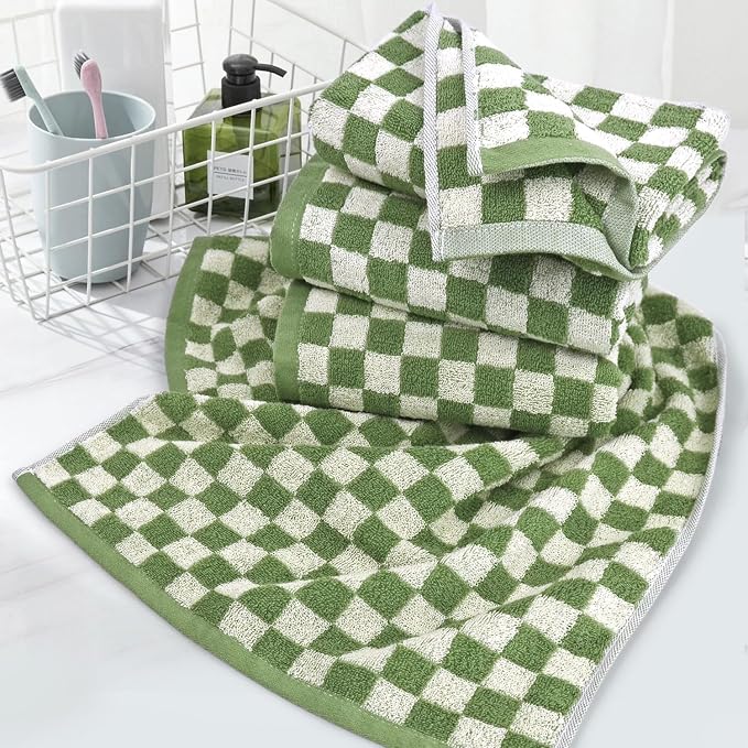 Jacquotha Green Hand Towels for Bathroom Set of 4 | Cute Checkered Bathroom Towels for Kitchen Decor, Lightweight for Bath Face Body
