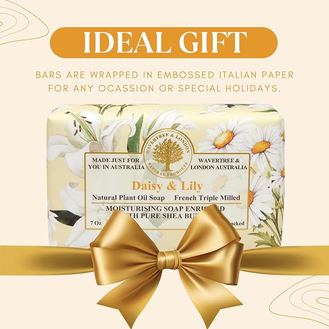Wavertree & London Daisy & Lily Scented Natural Soap Bar, 7oz Moisturizing French Triple Milled Soap Bar for Women & Men Enriched with Organic Shea Butter, Pure Bath & Body Soap (1 Bar)