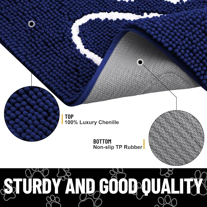 Smiry Dog Door Mat for Muddy Paws, Absorbent Dirt Trapper Non Slip Quick Dry Washable Chenille Mat for Mud Dogs, Entry Rug for Indoor and Outdoor (59x24 Inches, Navy Blue and White)