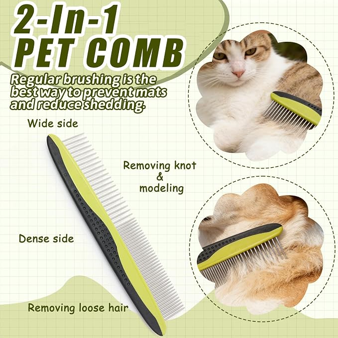 2-in-1 Pet Grooming Brush & Undercoat Rake, Double-Sided Hurtless Dematting Comb for Dogs & Cats, Universal Detangling, Shedding & Slicker Brush, Pet Grooming Tool for Removing Old Hair (Green)