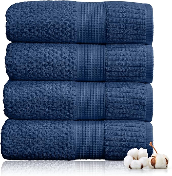 NY Loft 100% Cotton 4-Pack Bath Towel Set | Navy | Oeko-TEX | Quick-Dry | Four 30" x 52" Bath Towels | Super Absorbent | Designer-Styled Texture