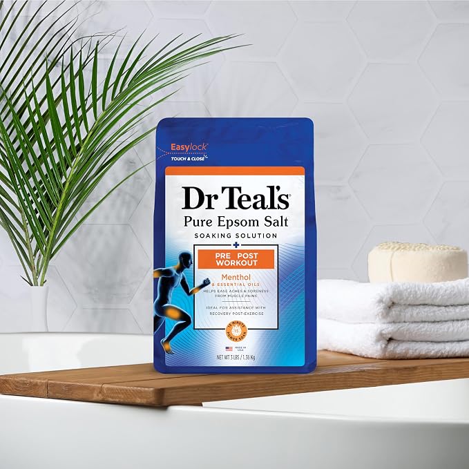 Dr Teal's Epsom Salt Magnesium Soak, Pre & Post Workout with Menthol & Essential Oils, 3 lbs (Pack of 4)