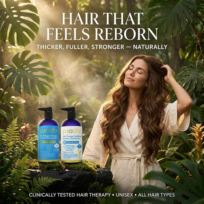 PURA D'OR Hair Thinning Therapy Biotin Shampoo & Hair Regrowth Conditioner Set, CLINICALLY TESTED Effective Results, Hair Thickening Products For Women & Men, Herbal Scent, Color Safe, 16oz x2