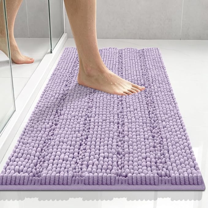 Bcoimo 24"×17" Chenille Bath Mat – Non-Slip with Backing Bath Rug Ultra-Absorbent and Machine Washable Bathroom Mat Quick-Dry Design. Ideal for Bathroom Shower and Tub Areas