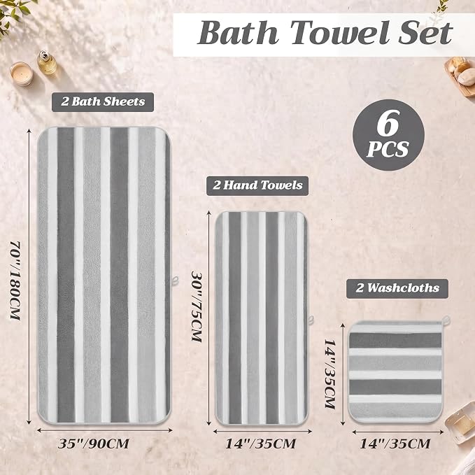 6 Pcs Oversized Bath Towels for Adults 35x70 Inches Gray & White Striped Extra Large Bath Towel Sets Bathroom Sheets Jumbo Shower Towels Quick Dry Absorbent Soft Microfiber for Women Men