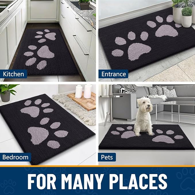 Smiry Dog Door Mat for Muddy Paws, Absorbs Moisture and Dirt, Low-Profile Entryway Mat with Non-Slip Backing, Entry Indoor Outdoor Doormat for Inside Floor (48x32 Inches, Black and Grey, Paw)
